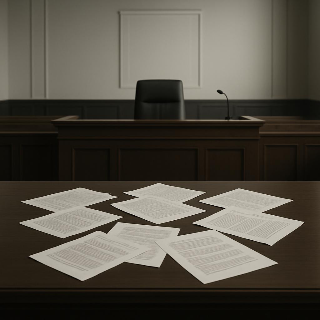 An empty courtroom with a judge's desk, papers on the table, although there is no ideological or cultural information prov...