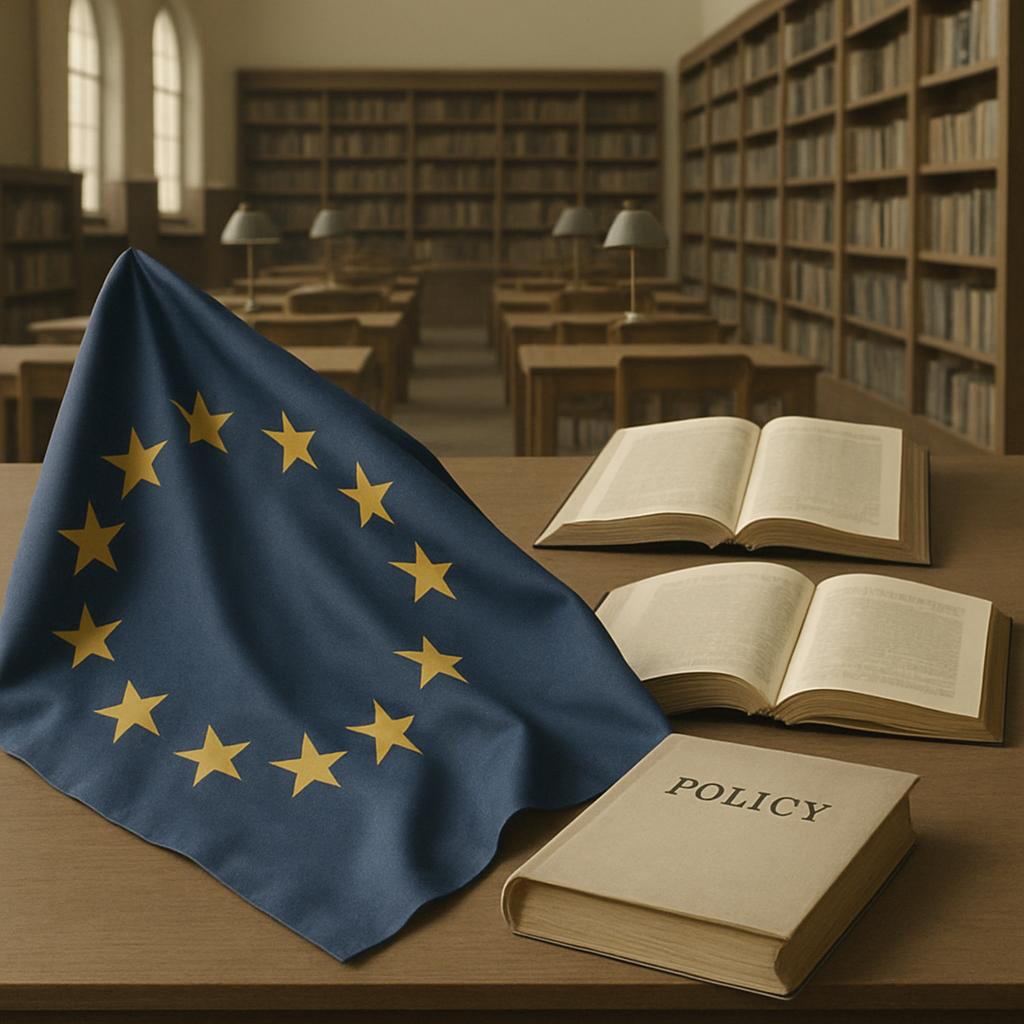 Questa è un'immagine di una camera libreria, con una bandiera europea, due libri e un volume intitolato "POLICY" su di un ...