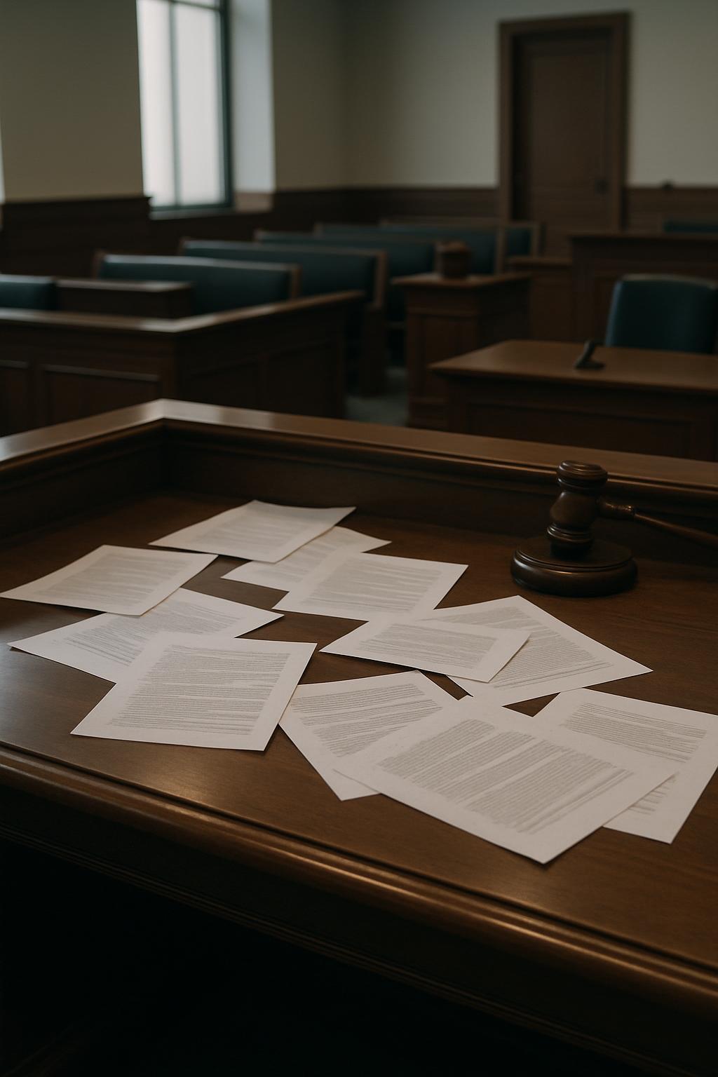 The courtroom without anyone in it, there are a few sheets of paper, the judge's side facing the empty jury seats, one of ...