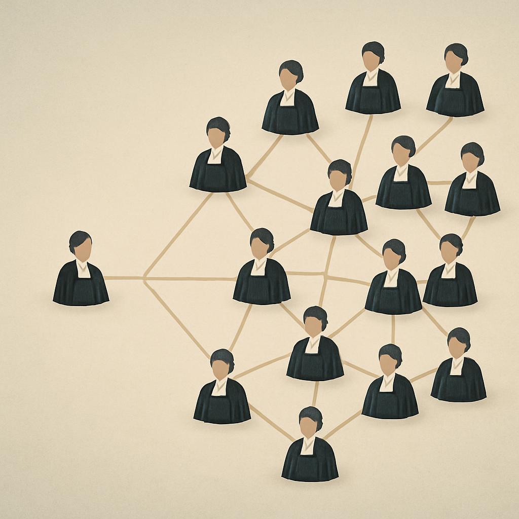 The image shows a network of interconnected judges. There are 16 judges shown. Twelve faces are shown with connecting line...